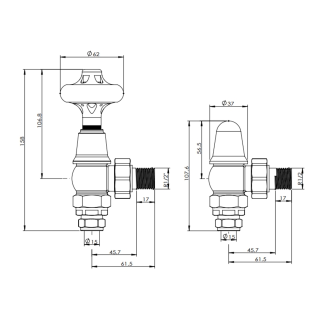 West Commodore Traditional Angled Manual Radiator Valve and Lockshield - Satin Nickel  | Dimension Image