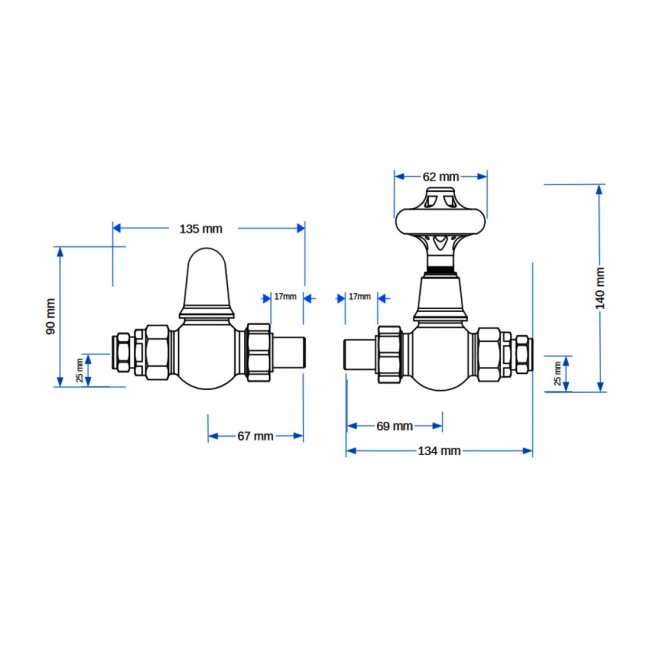West Commodore Traditional Straight Manual Radiator Valve and Lockshield - Pewter