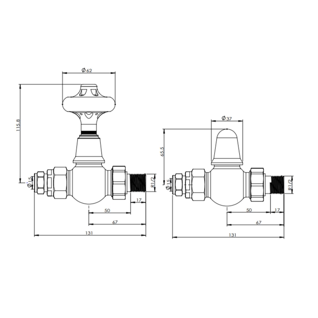 West Commodore Traditional Straight Manual Radiator Valve and Lockshield - Satin Nickel  | Dimension Image