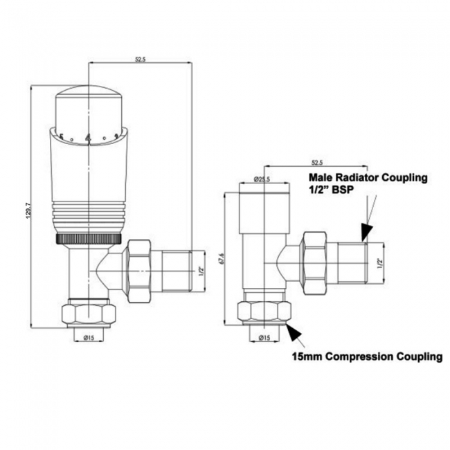 West Delta Angled TRV Thermostatic Radiator Valve and Lockshield - Matte Metallic Grey
