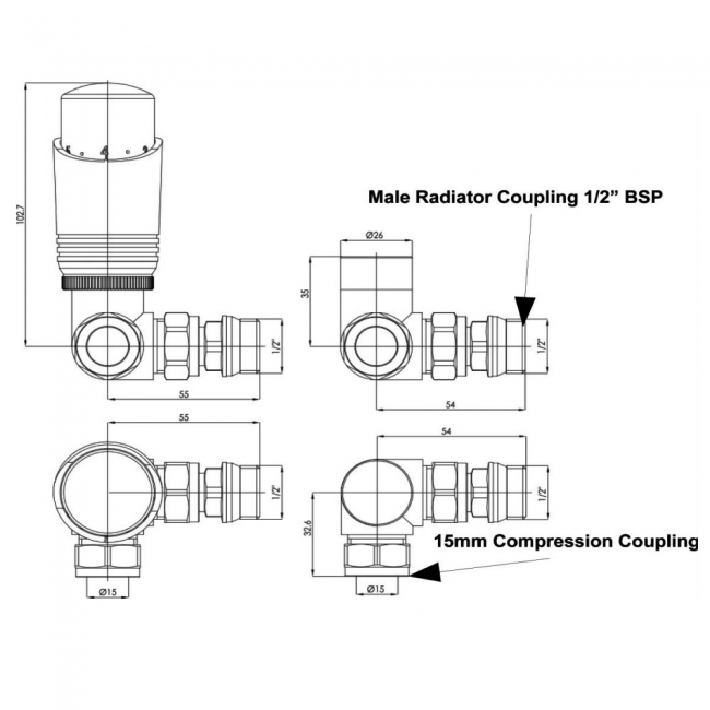 West Delta Corner TRV Thermostatic Radiator Valve and Lockshield - Satin Nickel