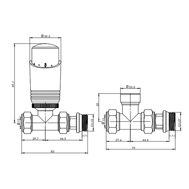 West Delta Straight TRV Thermostatic Radiator Valve and Lockshield - Anthracite  | Dimension Image
