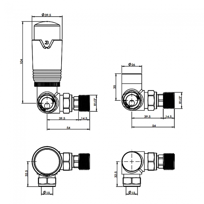 West Echo Corner TRV Thermostatic Radiator Valve and Lockshield - Chrome & White
