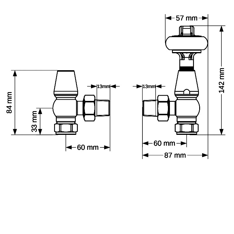 West Eton Traditional Angled Manual Radiator Valve and Lockshield - Satin Nickel