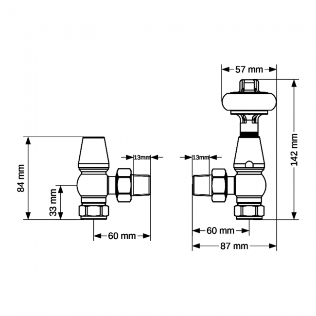 West Eton Traditional Angled Manual Radiator Valve and Lockshield - Chrome