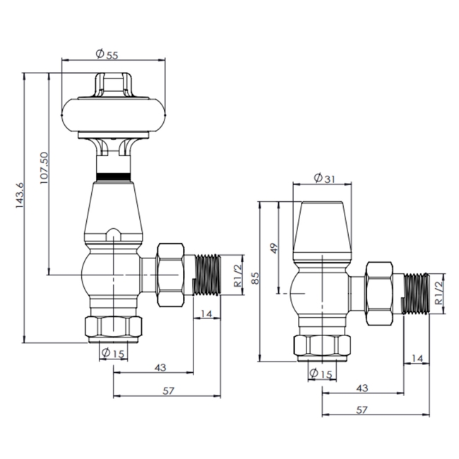 West Eton Traditional Angled Manual Radiator Valve and Lockshield - Chrome  | Dimension Image