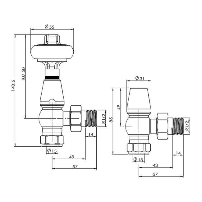 West Eton Angled Manual Radiator Valve and Lockshield - Textured Black  | Dimension Image