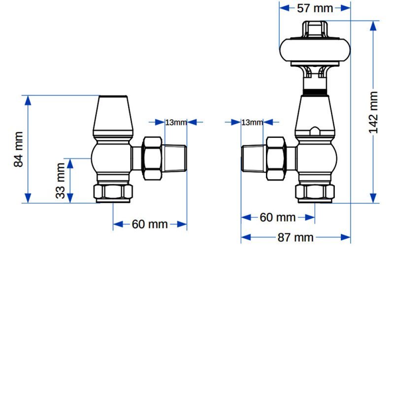 West Eton Angled Manual Radiator Valve and Lockshield - Light Pewter