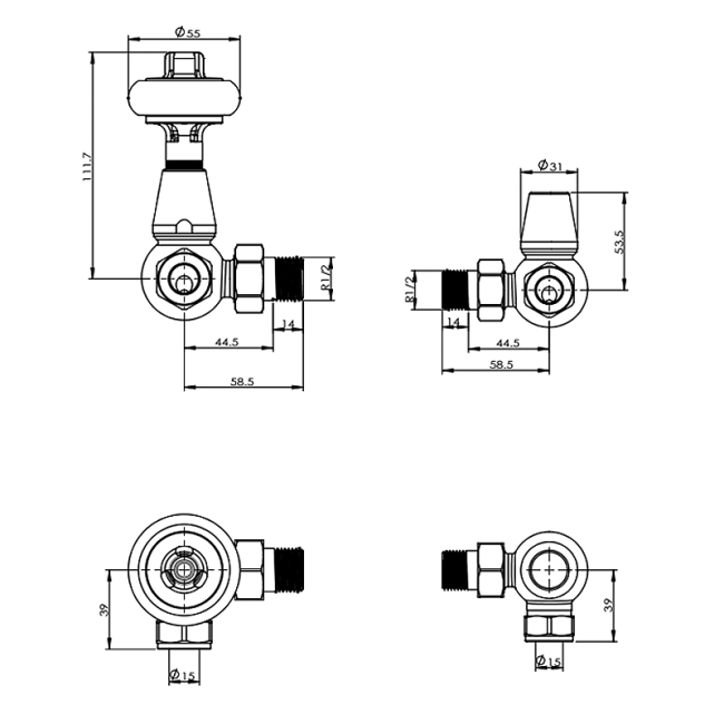 West Eton Traditional Corner Manual Radiator Valve and Lockshield - Brass  | Dimension Image