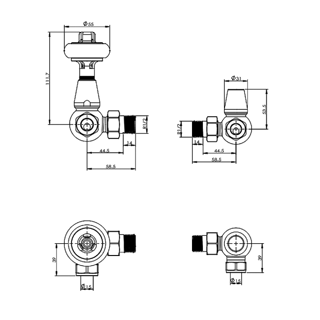 West Eton Corner Manual Radiator Valve and Lockshield - White  | Dimension Image