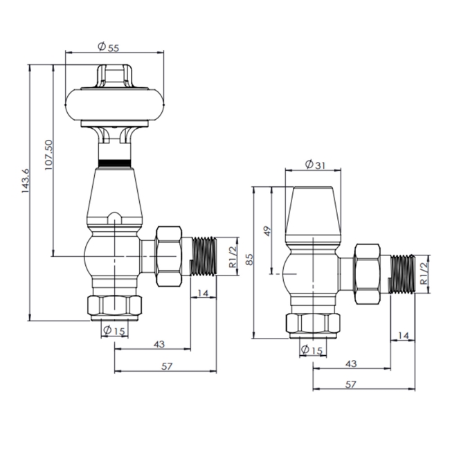 West Faringdon Angled Thermostatic Radiator Valve and Lockshield - Brushed Copper  | Dimension Image