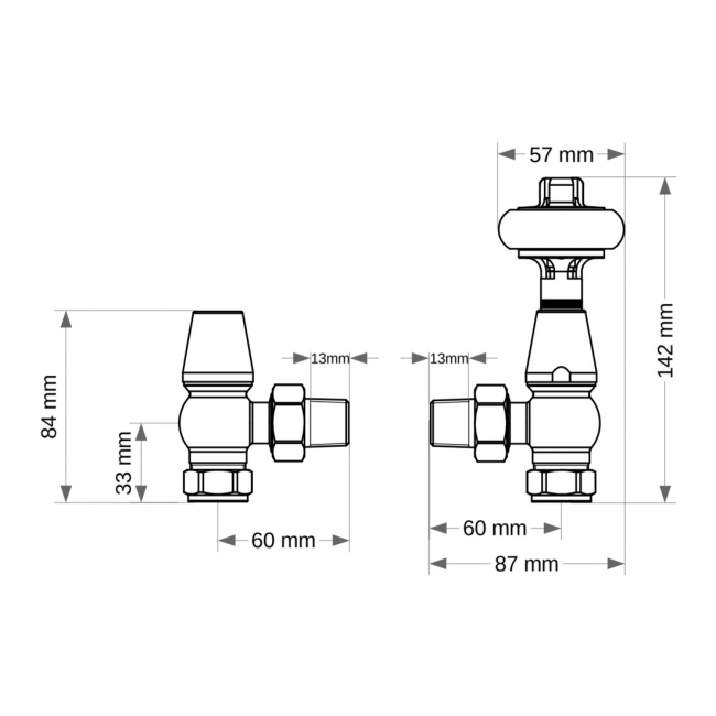 West Faringdon Angled Thermostatic Radiator Valve and Lockshield - Light Pewter