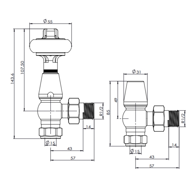 West Faringdon Angled Thermostatic Radiator Valve and Lockshield - Pewter  | Dimension Image