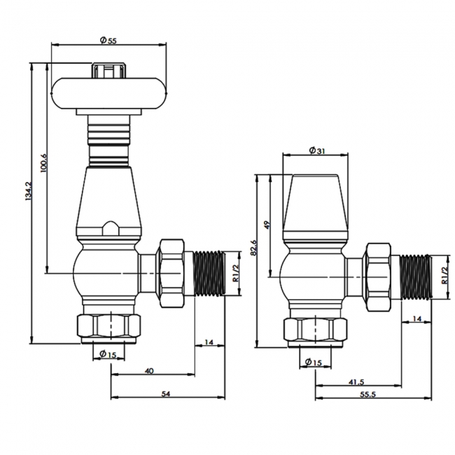 West Jaguar TRV Angled Thermostatic Radiator Valve and Lockshield - Un-Lacquered Brass  | Dimension Image