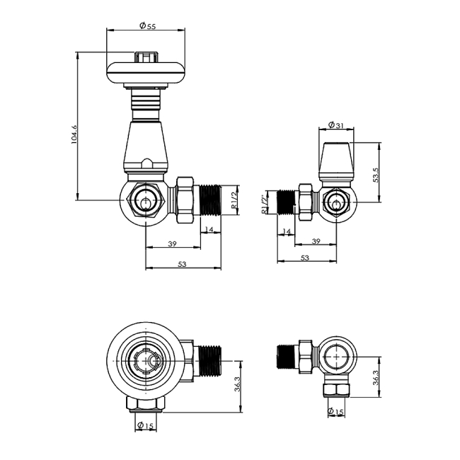 West Jaguar TRV Corner Thermostatic Radiator Valve and Lockshield - Brass  | Dimension Image