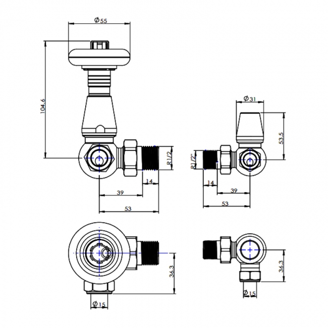 West Jaguar TRV Corner Thermostatic Radiator Valve and Lockshield - Un-Lacquered Brass