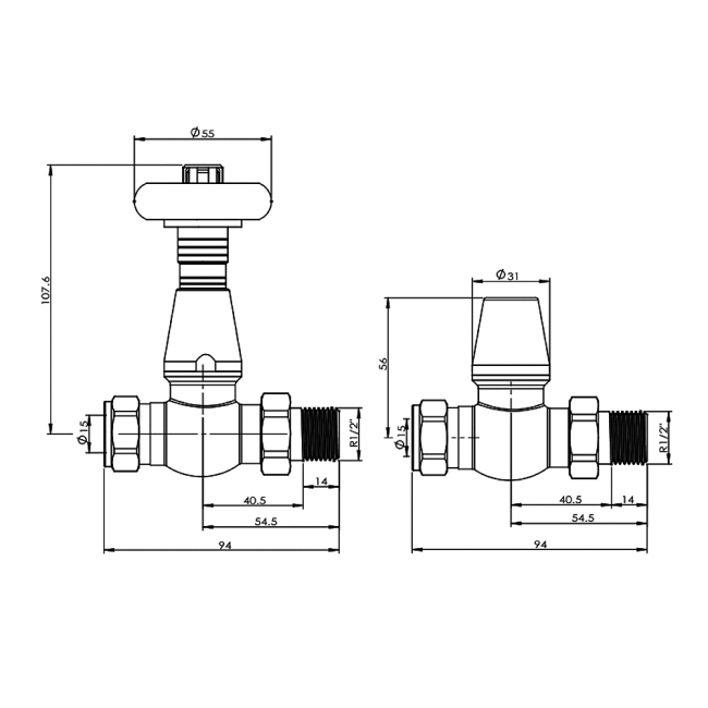 West Jaguar TRV Straight Thermostatic Radiator Valve and Lockshield - Un-Lacquered Brass  | Dimension Image