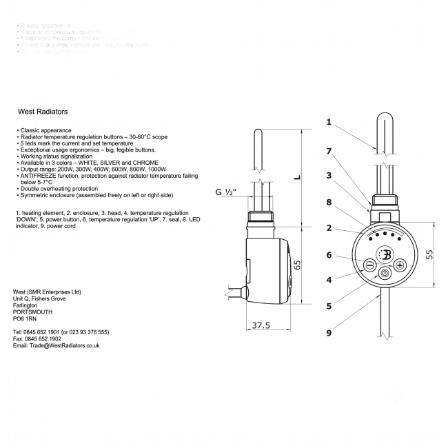 West MEG1.0-06 Electric Heating Element 600 Watts Chrome  | Dimension Image