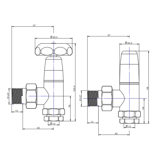West Old School Black and Brass Radiator Valve and Lockshield 1/2 Inch - Un-Lacquered Brass  | Dimension Image