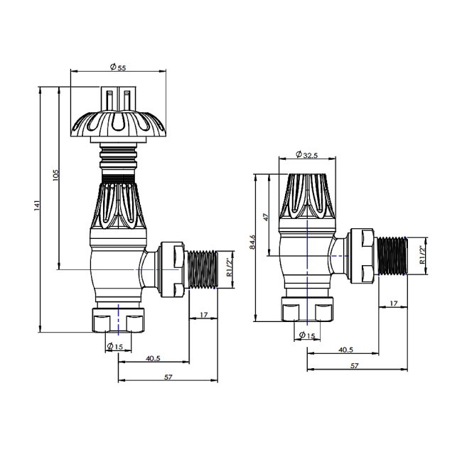 West Poppy TRV Angled Thermostatic Radiator Valve and Lockshield - Antique Brass  | Dimension Image