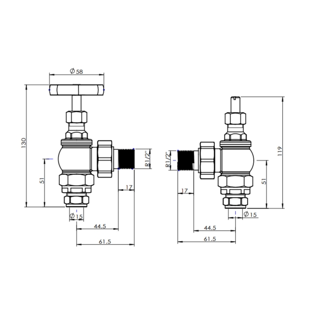 West Rosa Traditional Manual Radiator Valve and Lockshield Angled - Satin Nickel  | Dimension Image