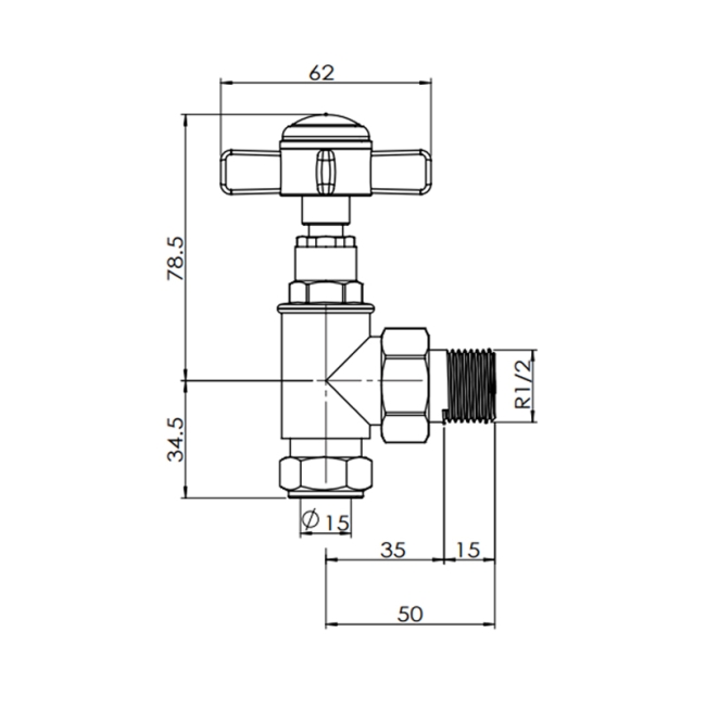 West Westminster Crosshead Angled Radiator Valves Pair - Satin Nickel  | Dimension Image