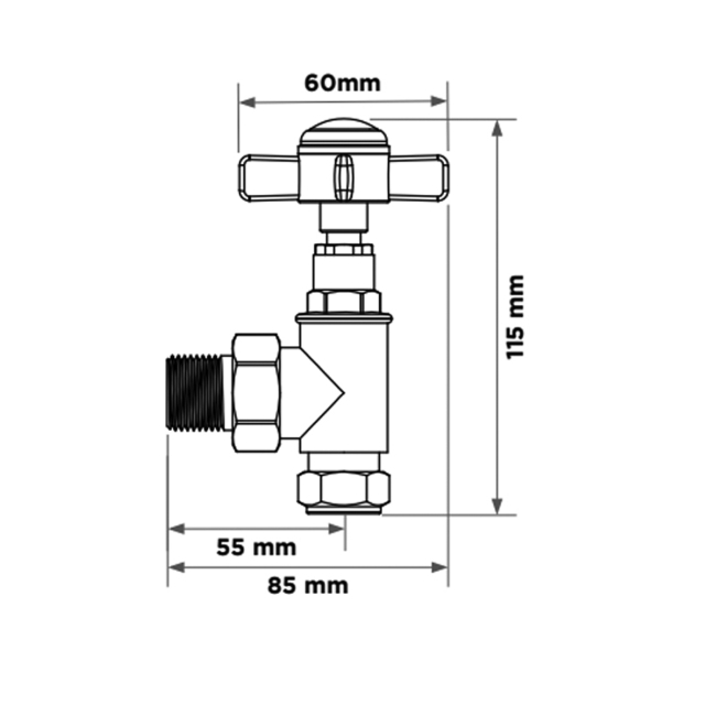 West Westminster Crosshead Angled Radiator Valves Pair Antique Brass  | Dimension Image