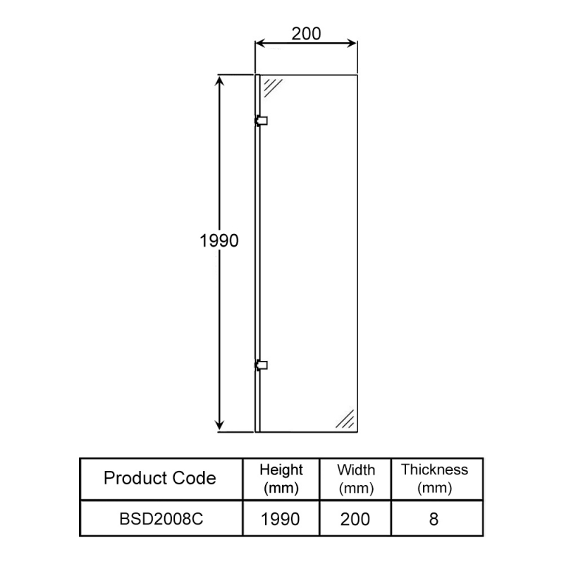 Wetroom Innovations Hinged Wet Room Screen 1990mm H x 200mm W - 8mm Glass