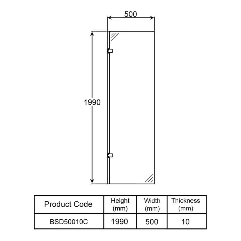 Wetroom Innovations Hinged Wet Room Screen 1990mm H x 500mm W - 10mm Glass