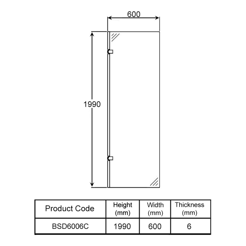 Wetroom Innovations Hinged Wet Room Screen 1990mm H x 600mm W - 6mm Glass  | Dimension Image