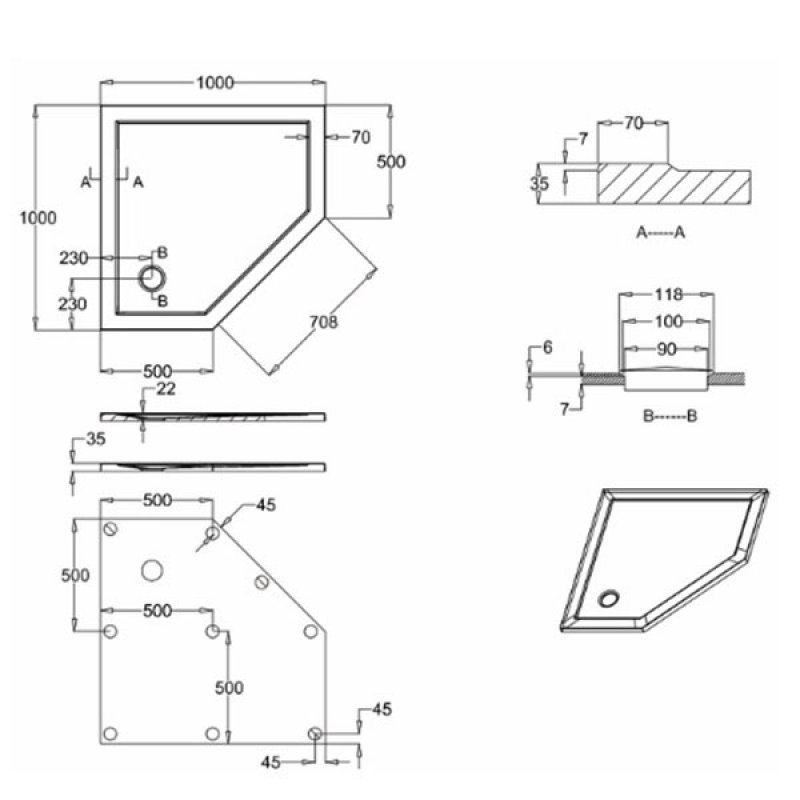 Britton Zamori Pentagonal Shower Tray 1000mm x 1000mm Z1246