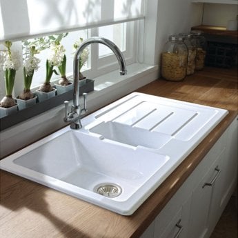 Abode Acton 1.5 Bowl Ceramic Kitchen Sink With Reversible Drainer 1000mm L x 500mm W - White