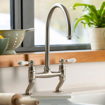 Abode Ludlow Traditional Bridge Dual Lever Kitchen Sink Mixer Tap - Brushed Nickel