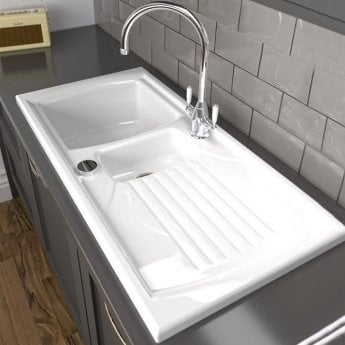 Abode Milford 1.5 Bowl Ceramic Kitchen Sink with Reversible Drainer 1000mm L x 500mm W - White