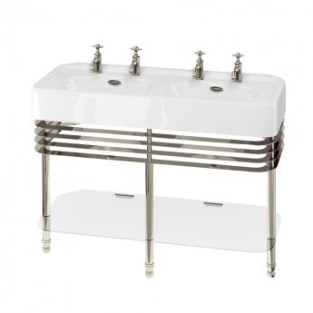 Burlington Arcade Double Basin 1200mm Wide and Stand with Glass Shelf - 2 Tap Hole