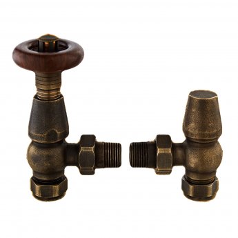 Bayswater Rounded Angled Thermostatic Radiator Valves Pair and Lockshield Antique Brass