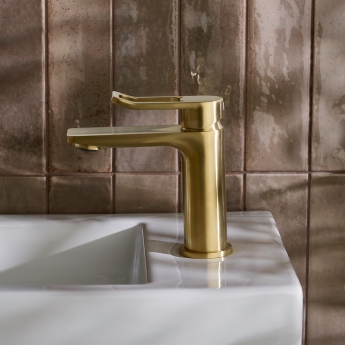 Bristan Saffron Eco Start Small Basin Mixer Tap with Clicker Waste - Brushed Brass | Product Image