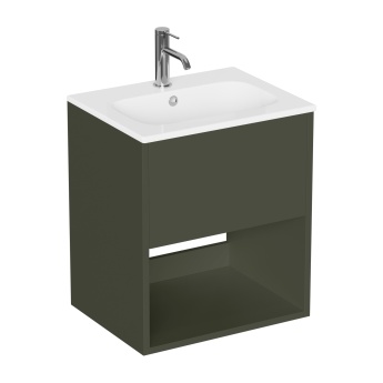 Britton Hackney Earthy Green 500mm 1-Drawer Wall Hung Vanity Unit (inc 1TH White Ceramic Basin) | Product Image