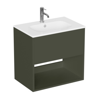 Britton Hackney Earthy Green 600mm 1-Drawer Wall Hung Vanity Unit (inc 1TH White Ceramic Basin) | Product Image