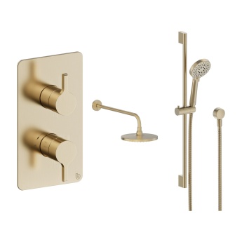 Britton Hoxton 2.0 Brushed Brass Dual Outlet Concealed Thermostatic Shower Set with Fixed Head and Slide Rail Kit | Product Image