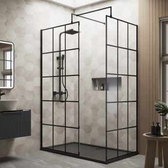 Delphi Accents Grid Matt Black 8mm Wet Room Walk-In Shower Enclosure (inc Slate Grey Tray) | Product Image