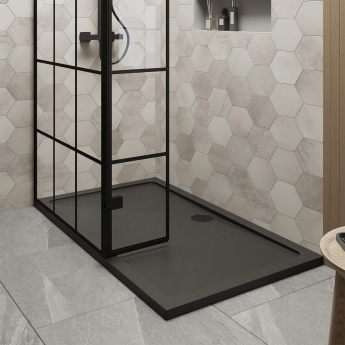 Delphi Accents Grid Matt Black 8mm Wet Room Shower Screen & Hinged Return (inc Slate Grey Tray) | Product Image
