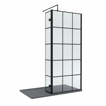 Delphi Accents Grid Matt Black 8mm Wet Room Shower Screen & Hinged Return (inc Slate Grey Tray) | Product Image