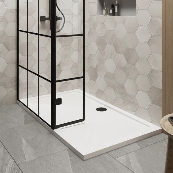 Delphi Accents Grid Matt Black 8mm Wet Room Shower Screen & Hinged Return (inc White Tray) | Product Image
