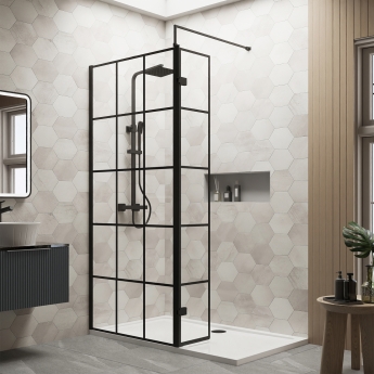 Delphi Accents Grid Matt Black 8mm Wet Room Shower Screen & Hinged Return (inc White Tray) | Product Image