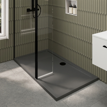 Delphi Accents Matt Black 8mm Wet Room Shower Screen & Hinged Return (inc Slate Grey Tray)