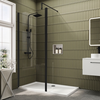Delphi Accents Matt Black 8mm Wet Room Shower Screen & Hinged Return (inc White Tray)