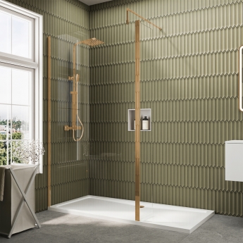 Delphi Accents Brushed Brass Wet Room Screen with Hinged Return 1700mm x 900mm (inc White Tray) | Product Image