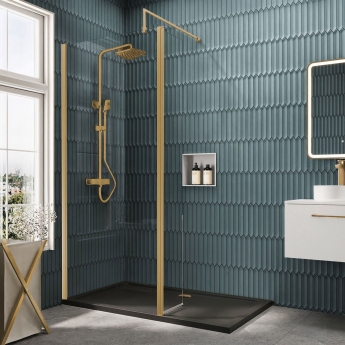 Delphi Accents Brushed Brass 8mm Wet Room Shower Screen & Hinged Return (inc Slate Grey Tray)