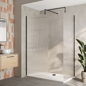 Delphi Accents Fluted Matt Black 8mm Wet Room Walk-In Shower Enclosure (inc White Tray)